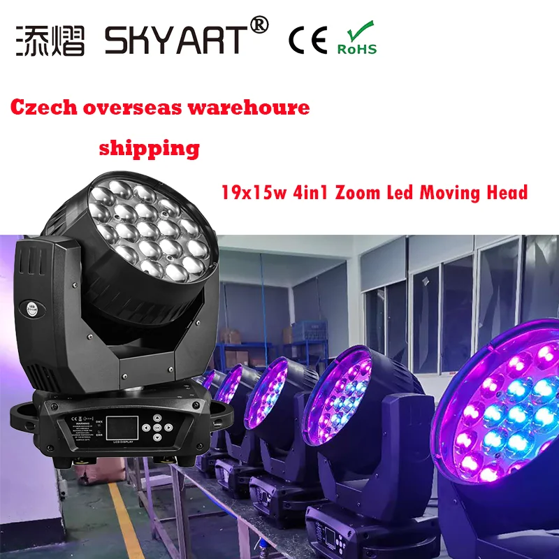 Czech shipping 19x15W LED Moving Head Light RGBW Beam Zoom Backlight For Bar Wedding/Professional DMX512 LED Dyeing Effect Stage