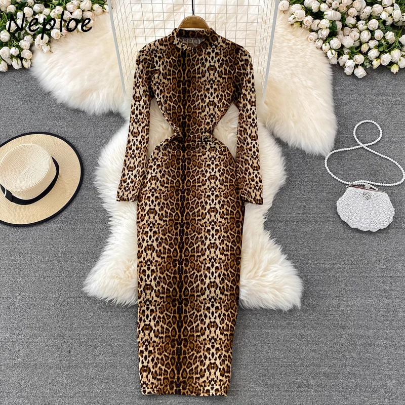 Neploe Fashion Sexy Leopard Print Dress for Women Stand-up Collar Slim Pencil Dresses Long Sleeve Temperament Elastic Robe Femme