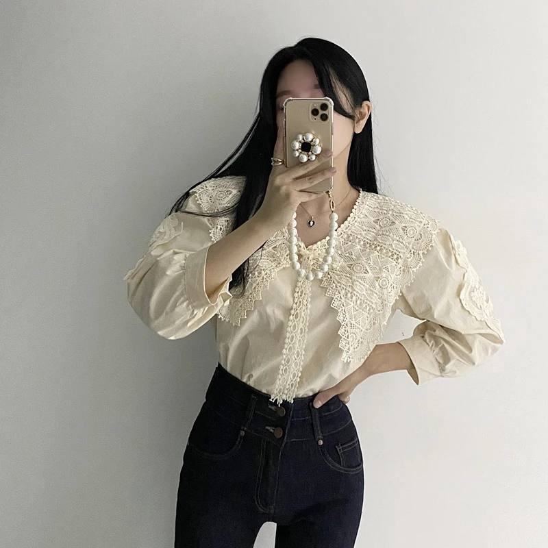 Korean Embroidery Lace Stitching Blouse Women Autumn Hollow Out Big Lapel Lantern Sleeve Loose Shirt Sweet Lace-up Tops 17579