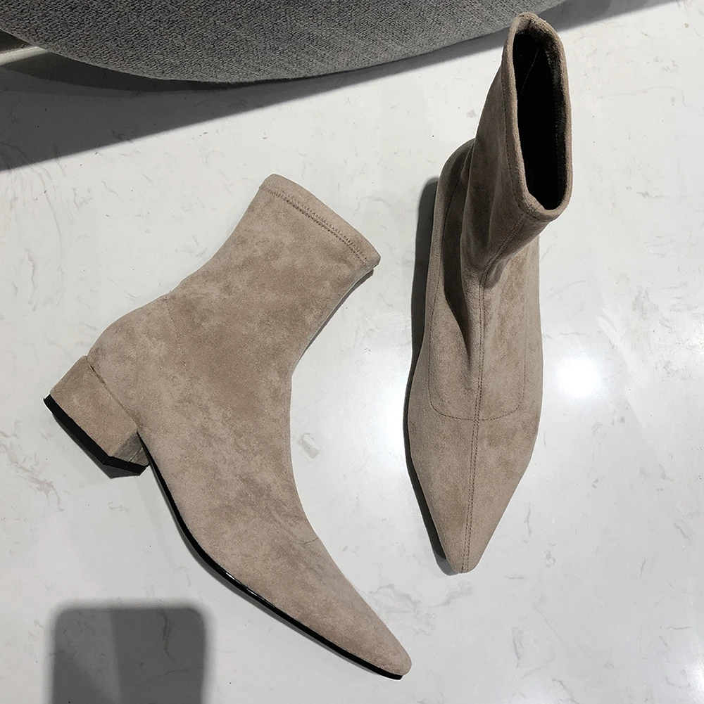 Sexy Women\'s Boots Pointed Toe Suede Elastic Ankle Boots Thick Heel Low Heels Shoes Woman Spring Autumn Female Socks Booties