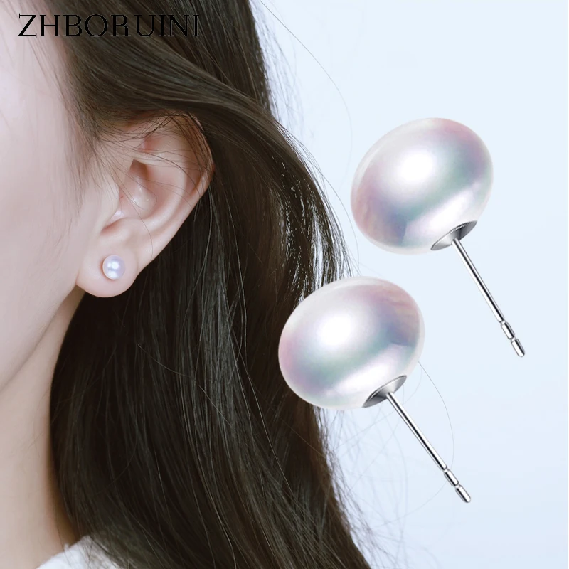 

ZHBORUINI Pearl Earrings 925 Sterling Silver Jewelry For Women 7-10mm Oblate Stud Earring Natural Freshwater Pearl Jewelry Gift