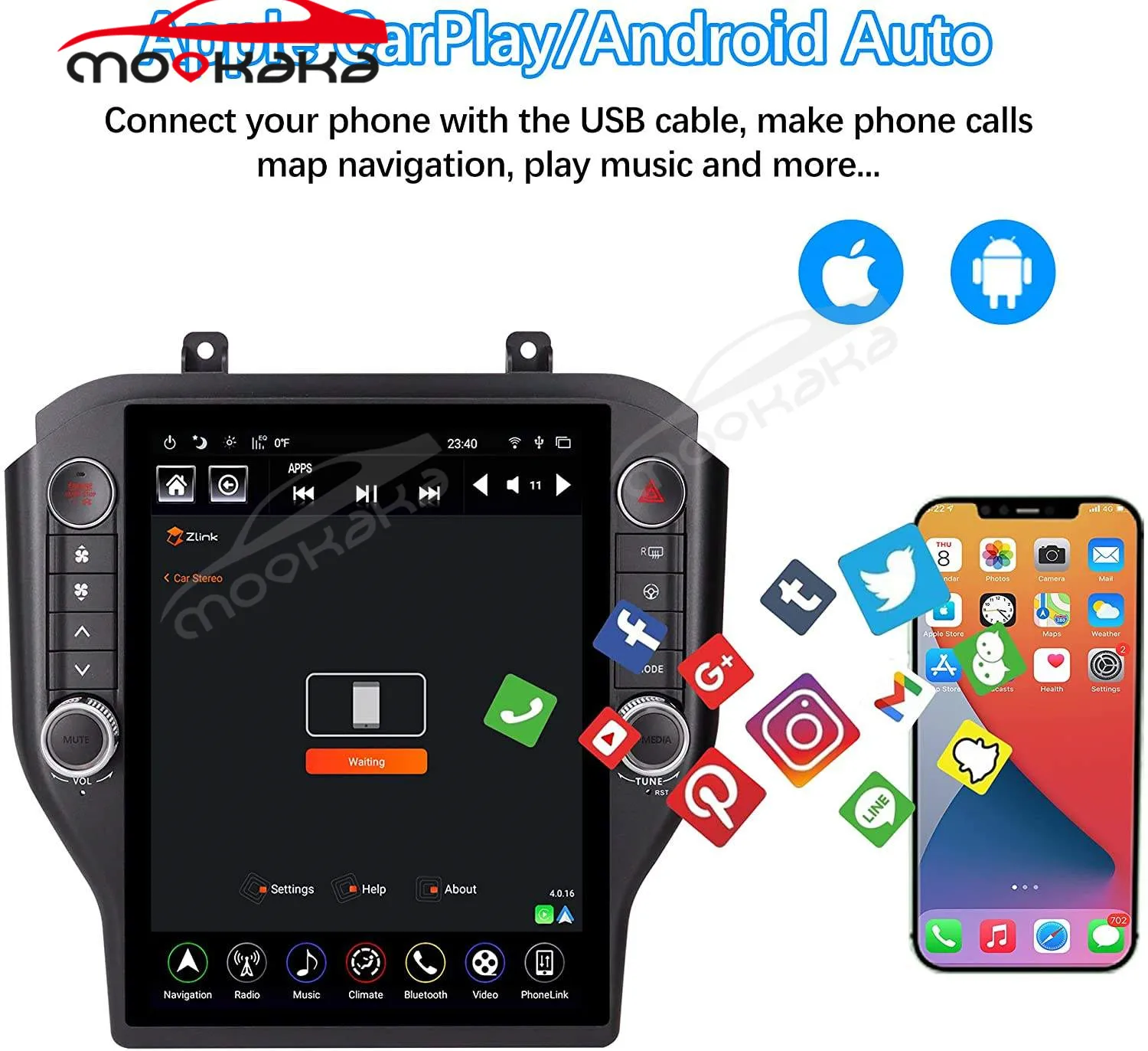 Car Radio For Ford Mustang 2015 - 2021 Android 9.0 64GB PX6 Multimedia Player Tesla Style Auto Stereo Head Unit GPS Navigation