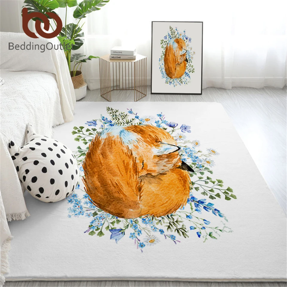 

BeddingOutlet Fox Large Carpet for Bedroom 3D Printed Aniaml Living Room Rug Cartoon Floor Mat Floral Play Mat Flower Tapete