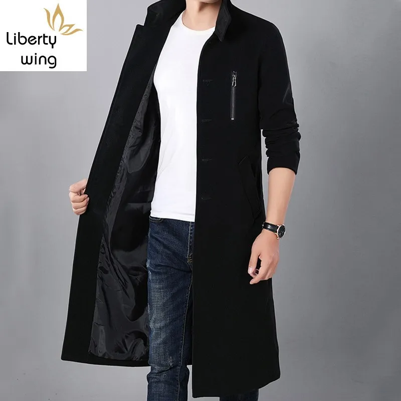 

Mens Winter Stand Collar Maxi Long Woolen Blends Trench Coat Slim Fit Plus Size 4XL Zip Windbreaker Military Overcoat Male Coats