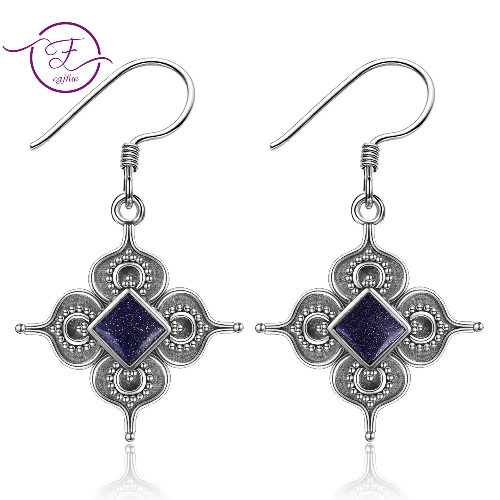 

New Design Flower Square Natural White Blue Sandstone Drop Earrings For Women 925 Sterling Silver Geometric Jewelry