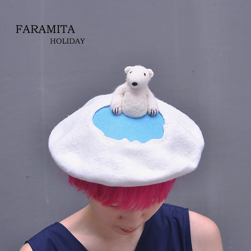 

faramita holiday Polar bear bathing in the Arctic handmade 100% wool women kids cute berets 3D womens beret painter hats caps