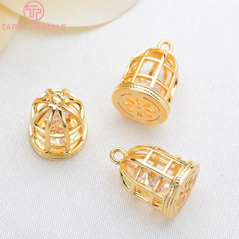 (510)6PCS 12x9MM 24K Gold Color Brass with Zircon Hollow Birdcage Charms Pendants High Quality DIY Jewelry Making Findings