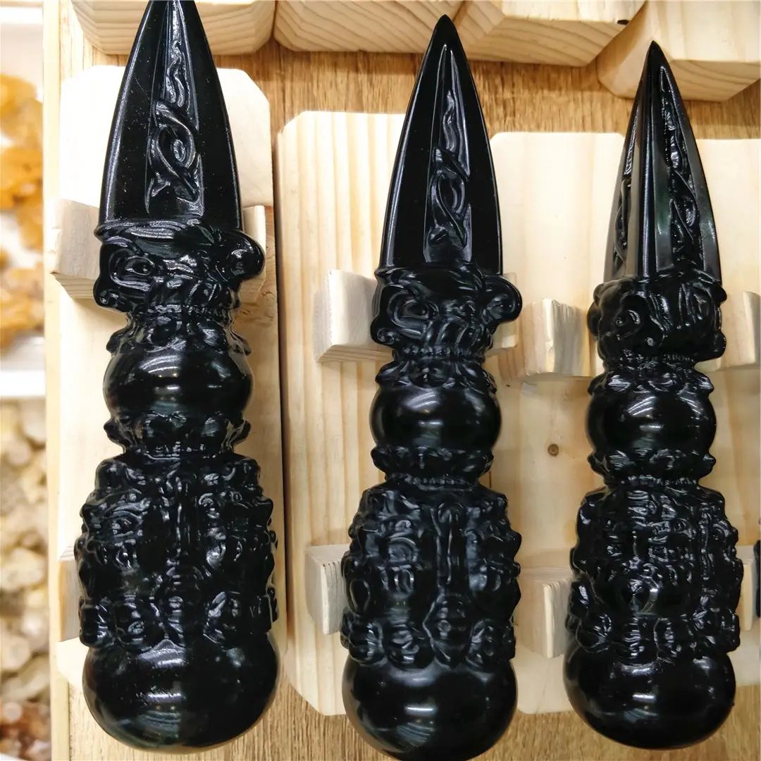 Natural Black Obsidian Crystal Customized Design Vajra Descending Pestle Sculpture Handicraft Figurine Spiritual Decor For Witch