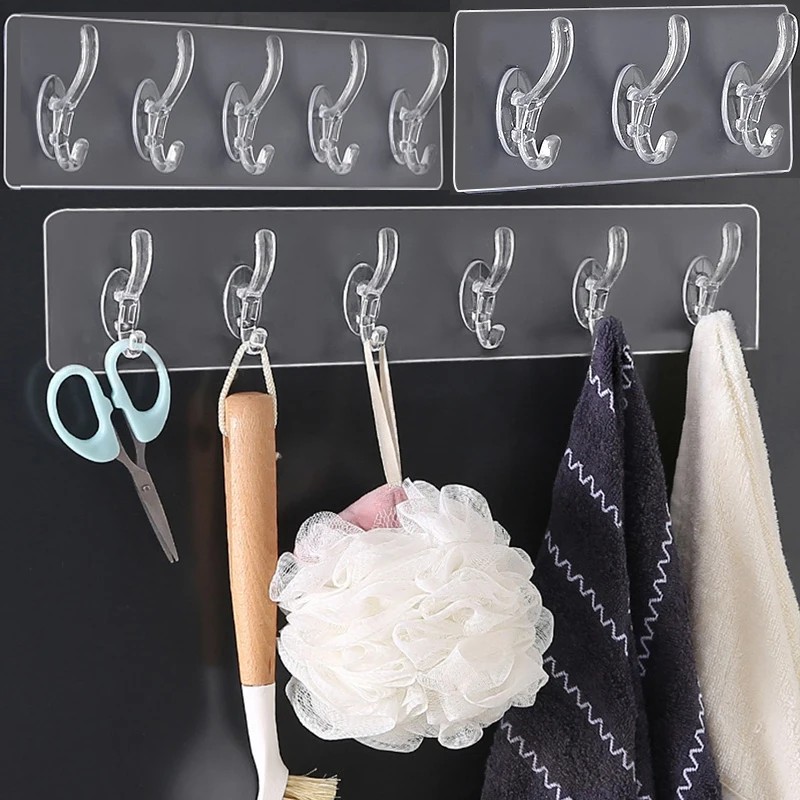 

Transparent Wall Row Hooks Kitchen Bathroom 1/3/5/6 Row Hook Hat Cloth Coat Hanger Towel Holder Seamless Door Hooks Storage Rack