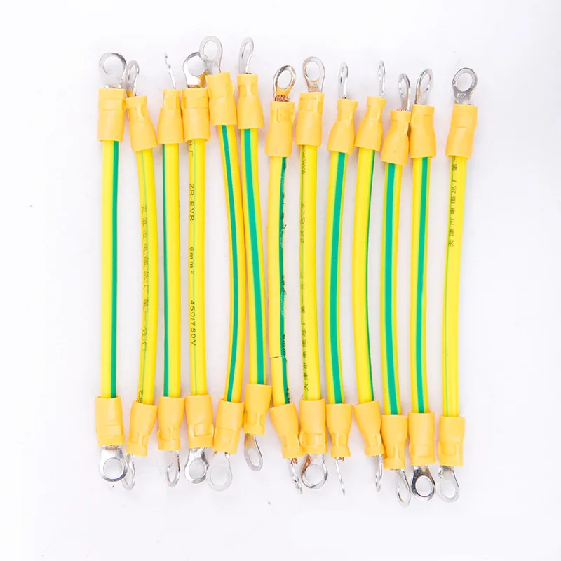 100pcs 10cm Length 10 AWG 6mm2 BVR Yellow-Green Solar Grounding Wire with Terminals Copper PV Cabinet Bridge Leakage Earth Cable