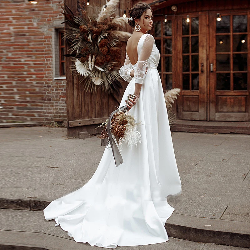 Robe de mariée en Satin à manches longues bouffantes, col en v, sur mesure, bon marché, à lacets, grande taille, froncée, dos nu