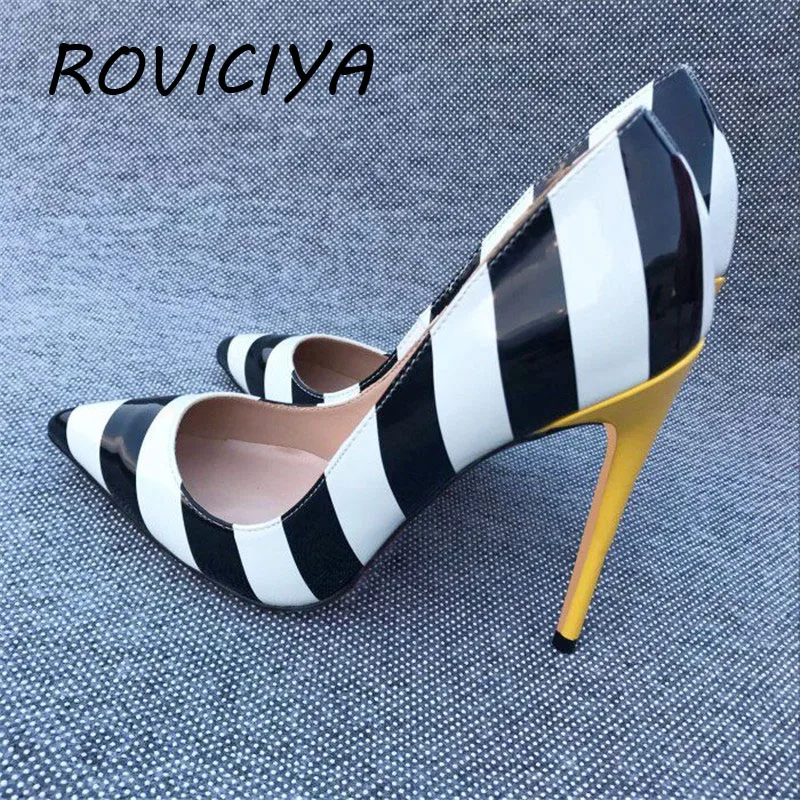 

Wide stripes fashion ladies shallow 12cm high heels pumps sexy ladies dress party wedding club women shoes QP056 ROVICIYA