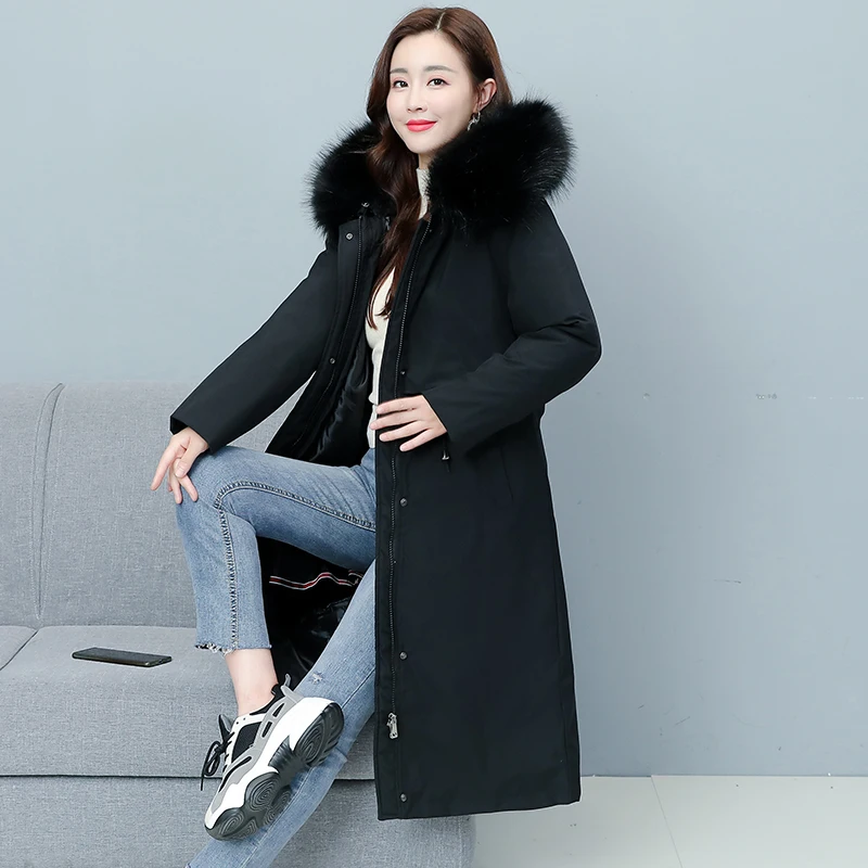 2024 New Cotton Liner Parker Parka Fashion Adjustable Waist Fur Collar Winter Jacket Women Brand Medium Long Hooded Parka Coat