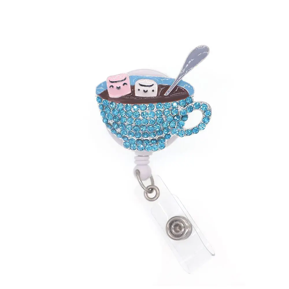 

Free Shipping Rhinestone Enamel Coffee Cup Retractable Badge Reel Jewelry Accessory ID Card Name Holder For nurse gift