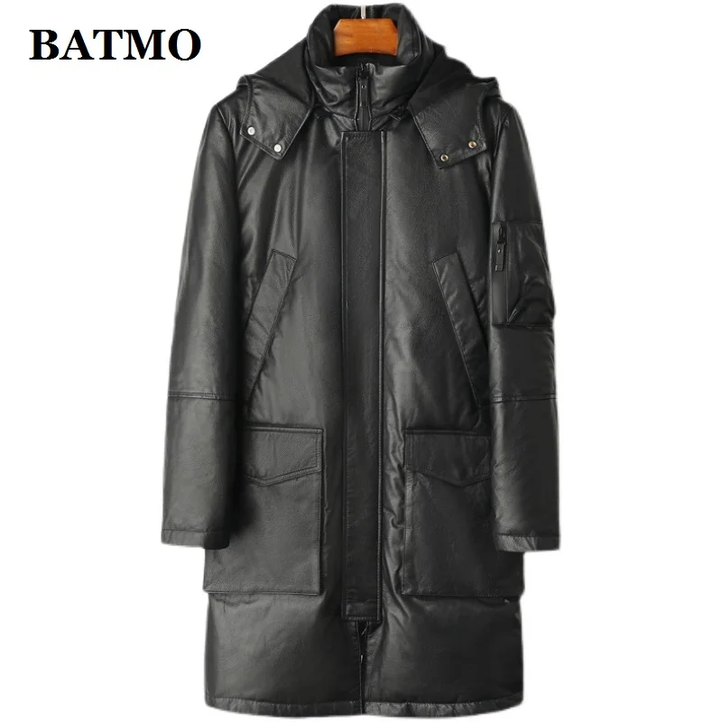 

BATMO 2021 new arrival winter high quality Genuine Leather hooded jackets,90% white duck down hooded jackets ,w103