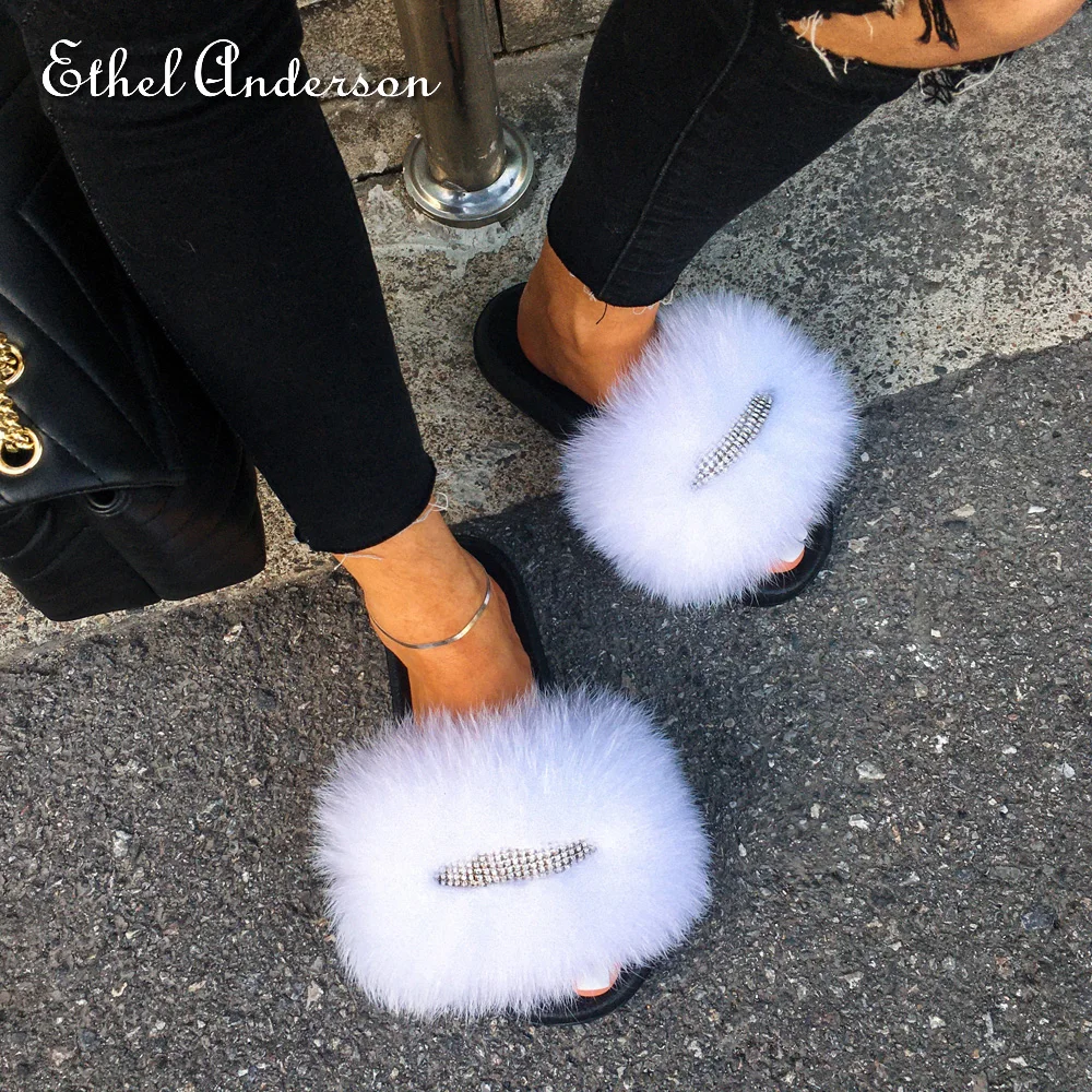 Ethel Anderson Real Fox Fur Fluffy Slippers for Women's Shoes Woman Crystal Decoration Famous Brand Shoes Designer Slides