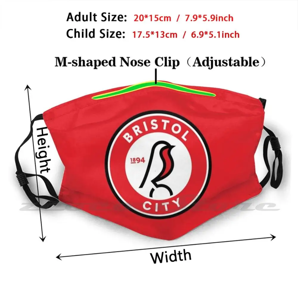 Bristol City Custom Patroon Wasbare Filter Pm2.5 Volwassen Kinderen Masker Bristol City Voetbal Engeland