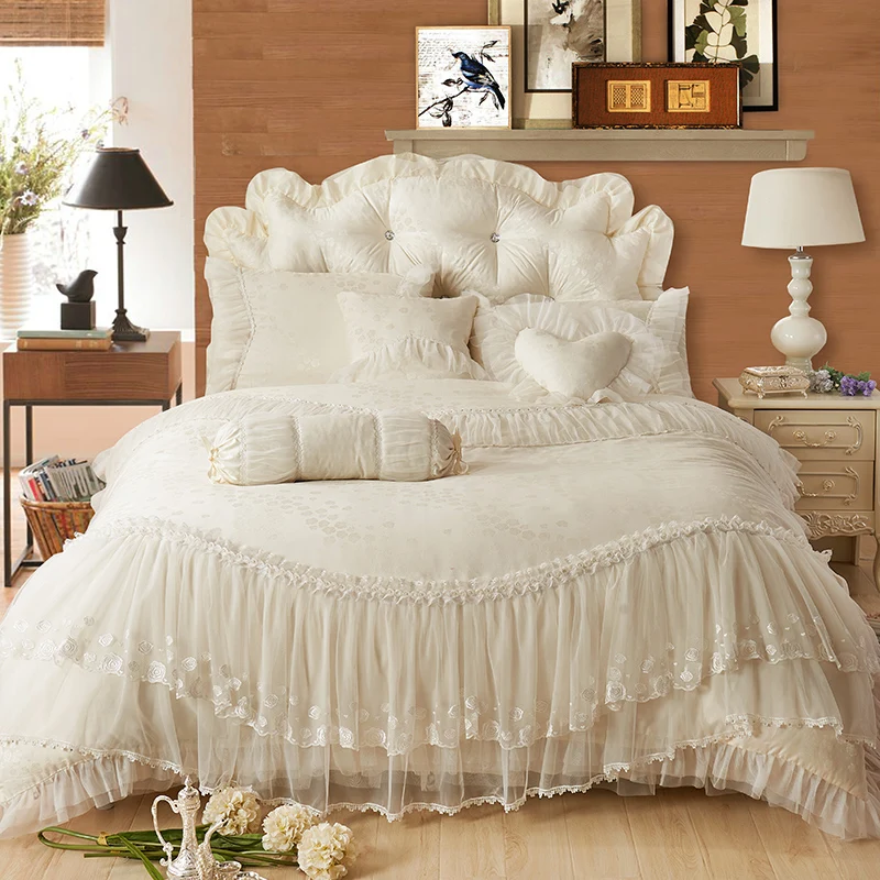 Beige Jacquard Satin Cotton Bedding Sets Luxury Princess Lace Duvet Cover Bed Skirt Pillowcases Solid Color Home Textile