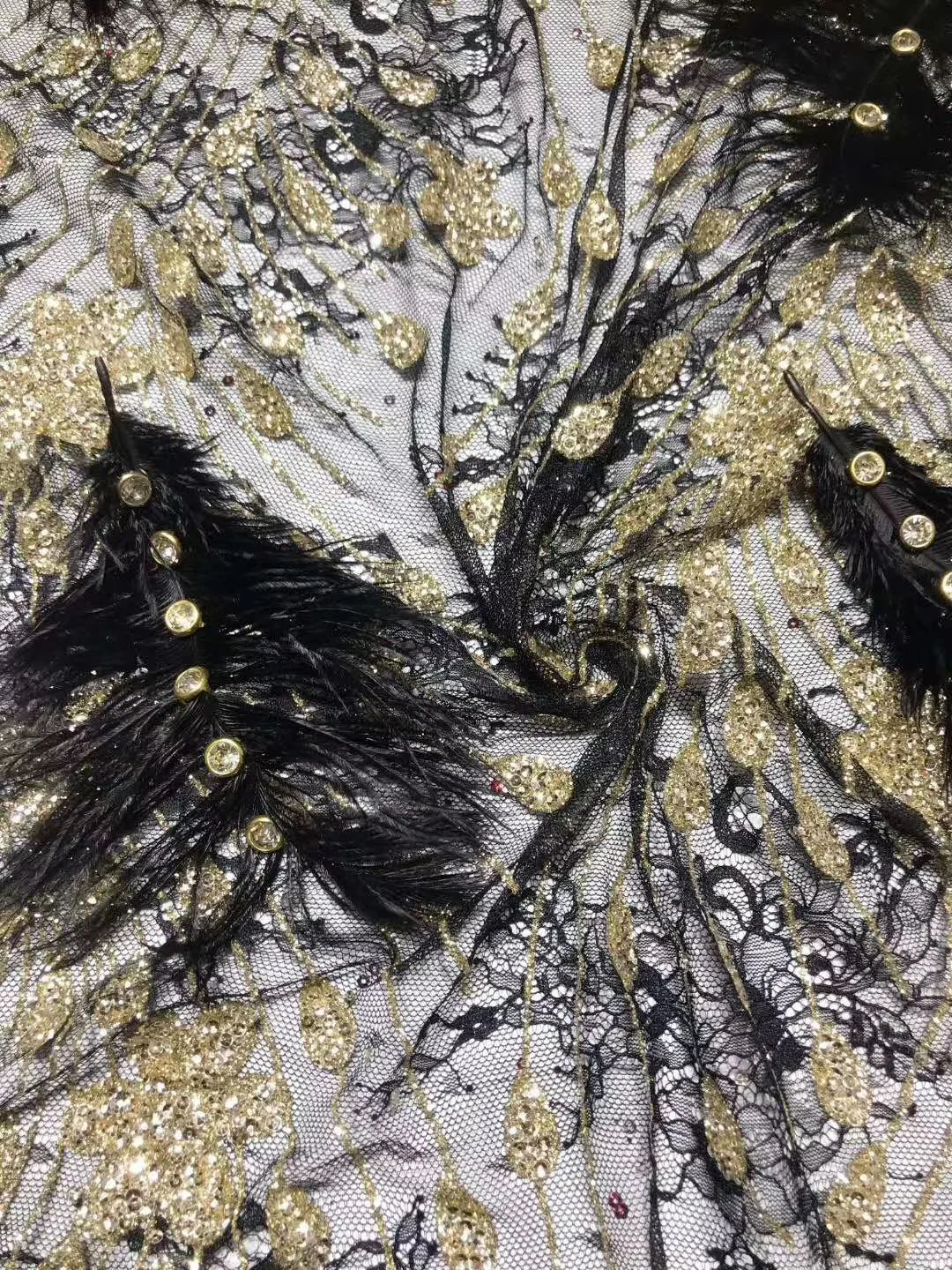 

(5yards/pc) Luxurious glittering glued feathers appliqued French net lace with stones black gold African wedding lace FXZ022