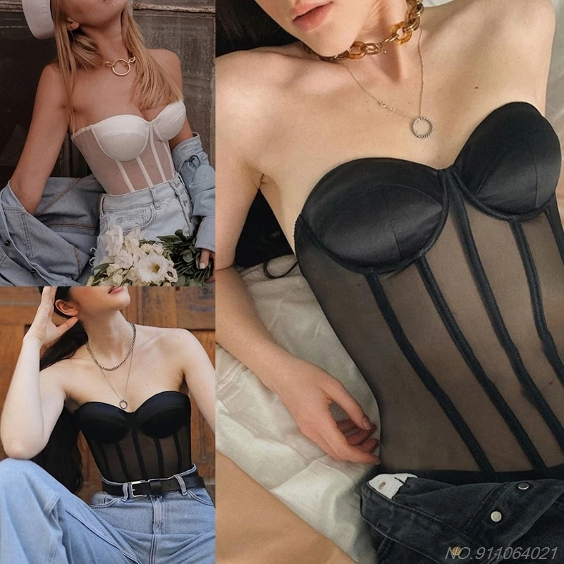 Women Sexy Sheer Mesh Patchwork Bustier Corset Vintage Strapless Lace-Up Back Overbust Waist Cincher Body Shaper Top Wholesales