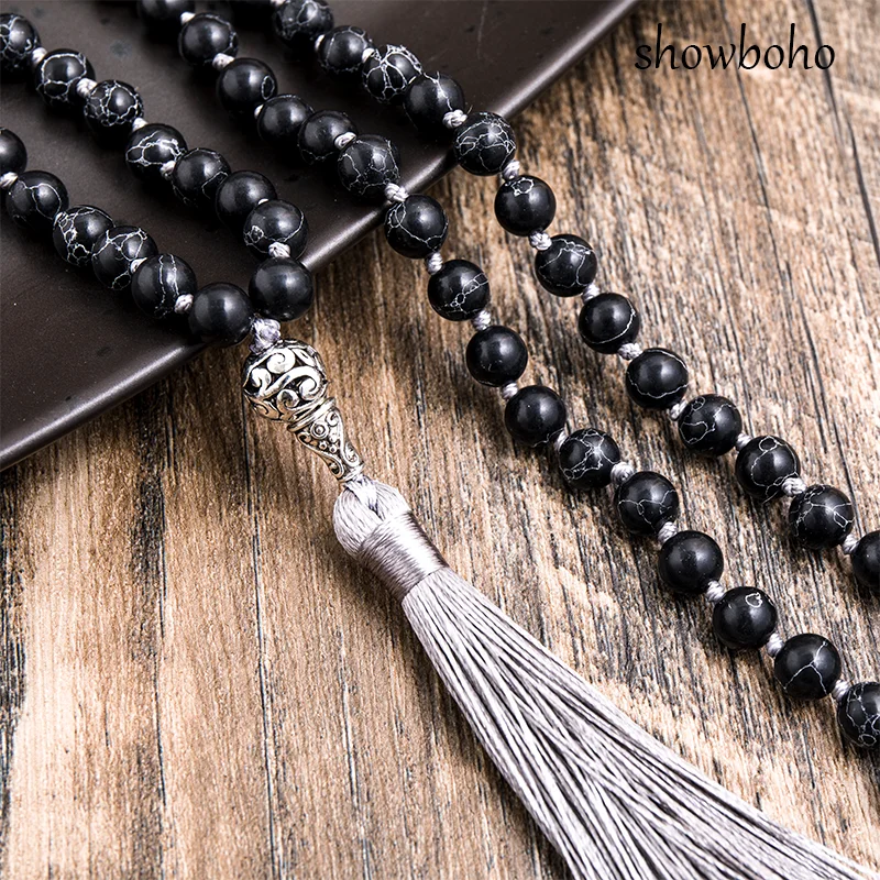 8mm Black Howlite Beaded Necklace 108 Mala Knotted Meditation Yoga Blessing Japamala Rosary Lucky Tibetan Jewelry