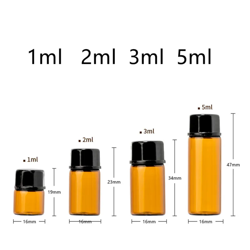 100pcs 1ml 2ml 3ml 5ml Drams Amber Glass Bottle With Plastic Lid Insert Essential Oil Glass Vials Perfume Sample Test Bottle
