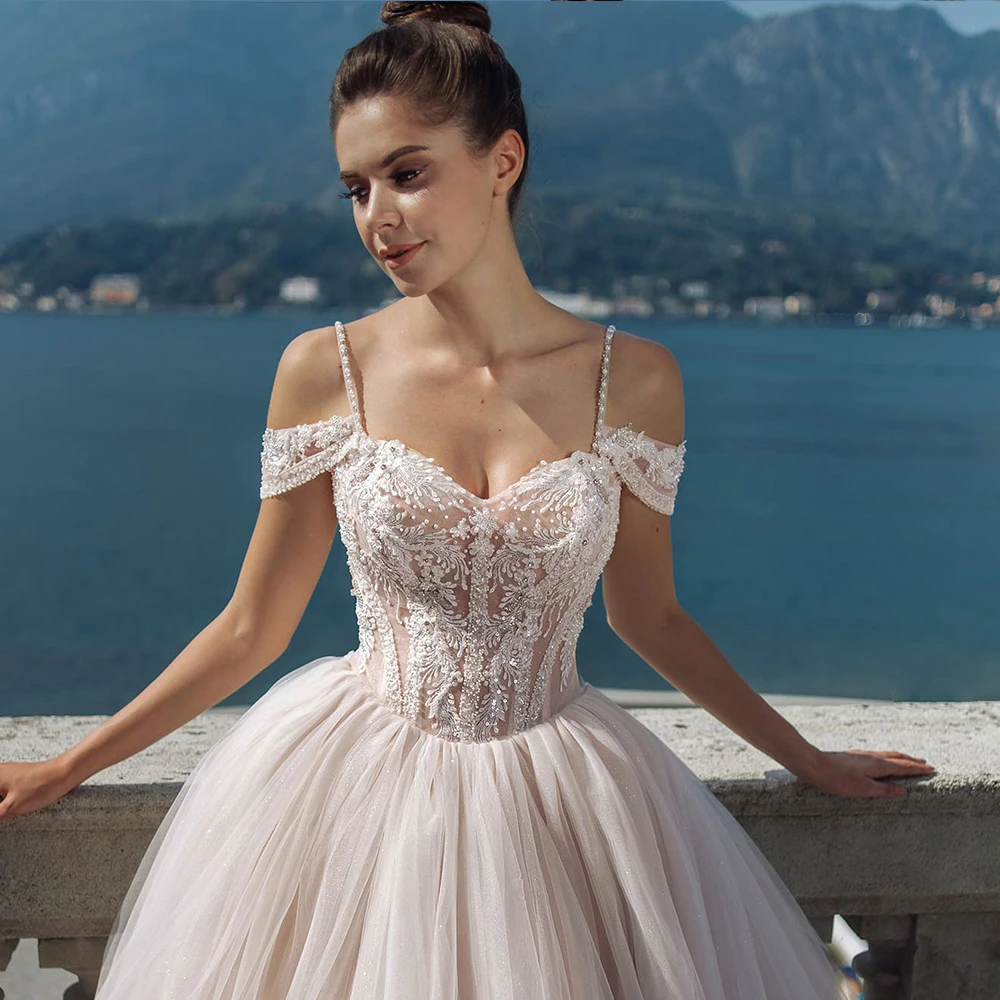 Splendide perle perline pizzo Tulle abiti da sposa Sweep Train Off spalline Lace Up Custom Made Princess Vestido De Novia