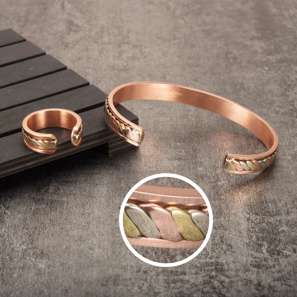 Vinterly Jewelry-Set Magnetic Copper Bracelet Ring Healing Energy Women 8.3mm Rose Adjustable Open Cuff Bangles Resizable