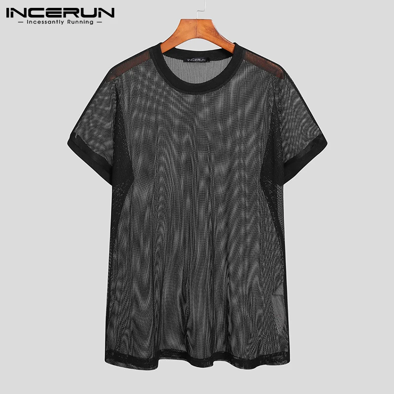 INCERUN Men T Shirt O Neck Short Sleeve Mesh Transparent 2024 Sexy Tee Tops Streetwear Vacation Breathable Party Men Clothing