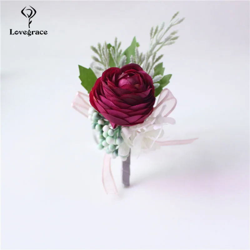 Lovegrace Men Corsage Bridal Wrist Corsages Groom Boutonniere Pin Champagne Burgundy Bridesmaid Bracelet Wedding Flower Supplies