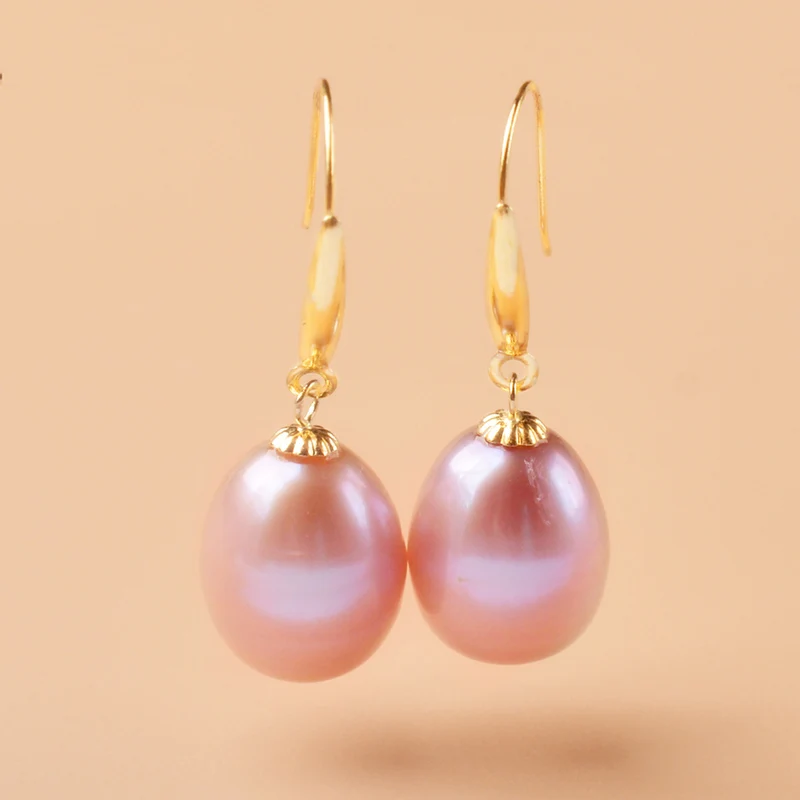 

NYMPH Natural freshwater Pearl Drop Earrings Fine Jewelry 18K Yellow Gold Au750 8-9mm Pink Purple Women Wedding Gift