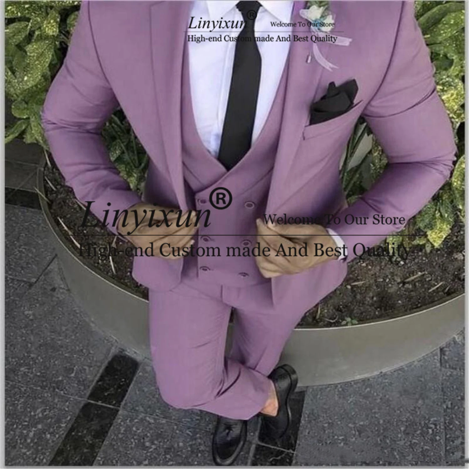 

Fashion Purple Wedding Groom Tuxedos Notch Lapel One Button Groomsmen Best Men Suit 3 Pieces Male PromBlazer Pants Vest Outfit
