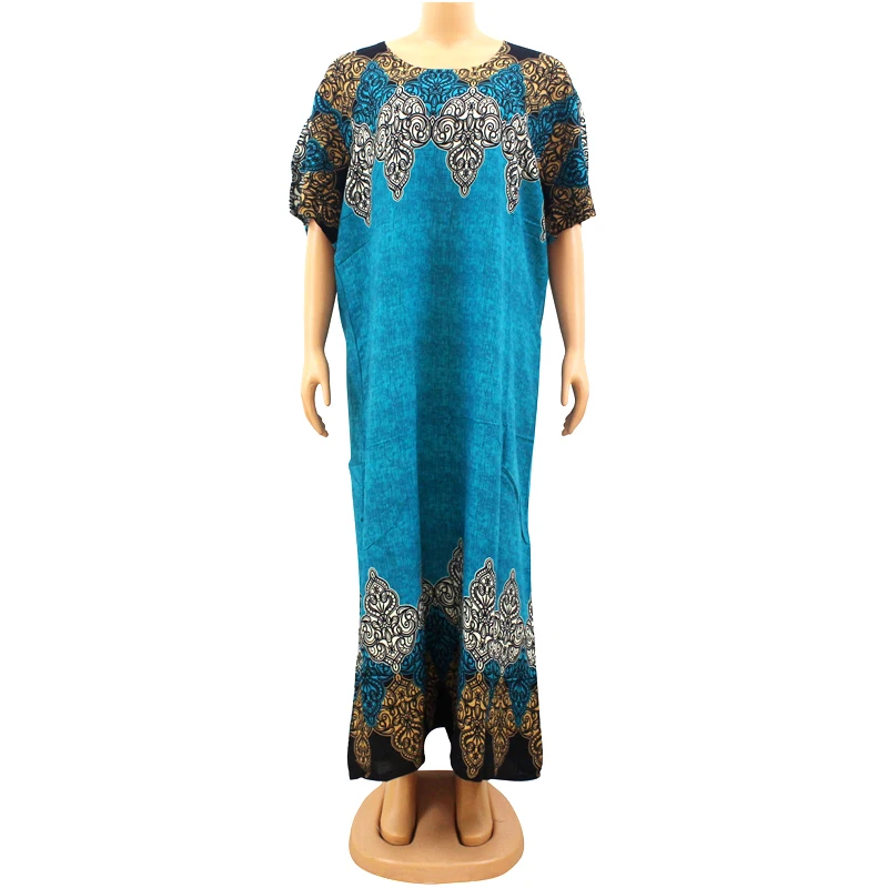 

2020 New Fashion African Print Blue Short Sleeve Round Neck Elegant Summer Women Maxi Dresses with Scarf