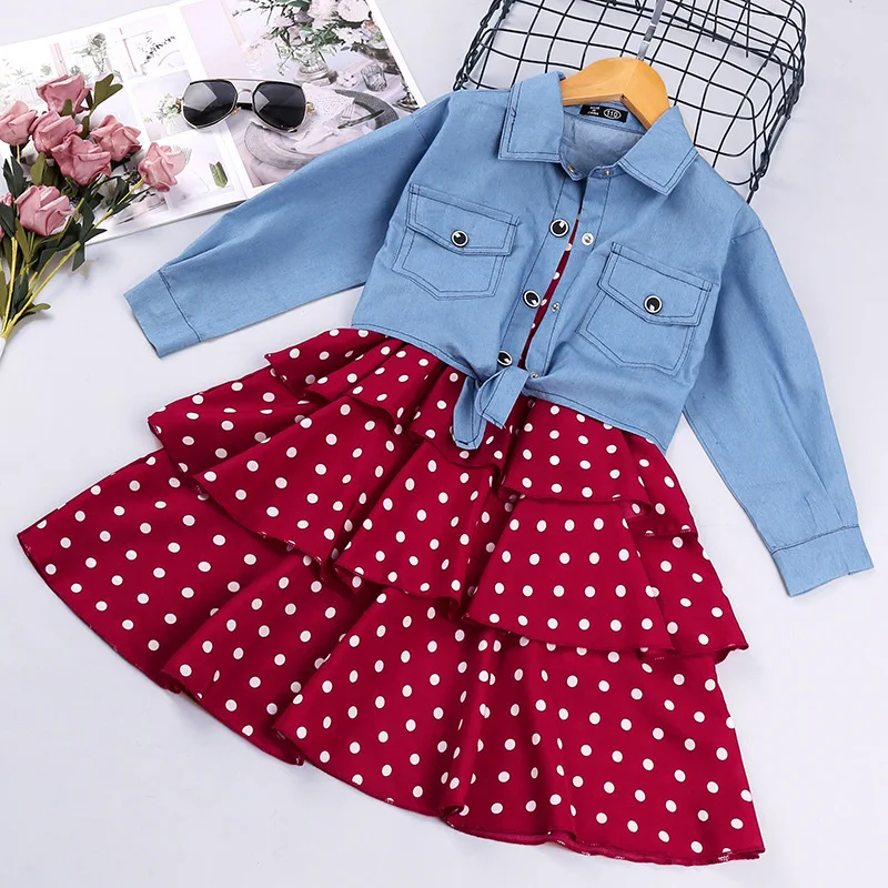 

Детская одежда для подростков, модель 2021 года, модное корейское клетчатое платье для девочек + джинсовое пальто, комплект из двух предметов для маленьких девочек от 3 до 12 лет на осень