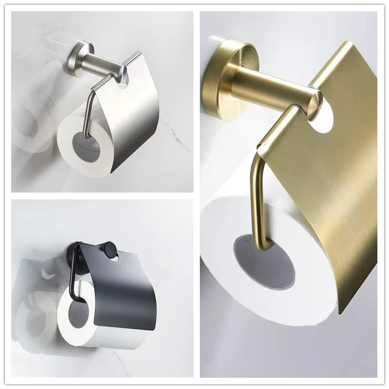 Black/Brushed Gold Stainless Steel Toilet Paper Holder Wall Mounted Bathroom Tissue Roll Dispenser Rack with Protective Cover