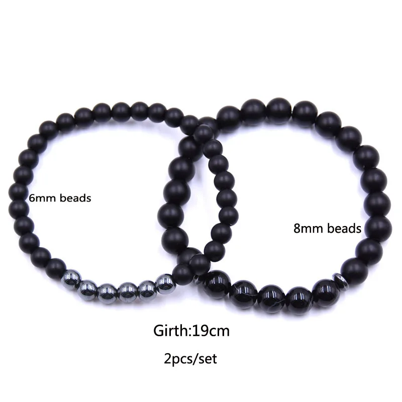 2pcs/Set Couple Distance Matte Black Onyx Beaded Bracelet Bangle Natural Striped Agate Maganet Stone Bracelet Set For Men Women