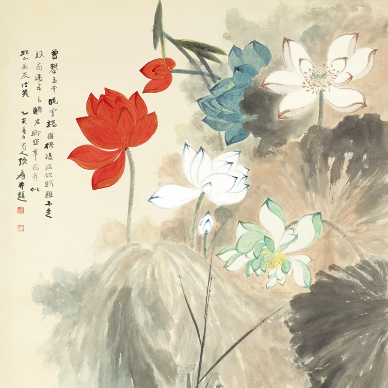 Home decoration collection copy art classic Chinese painter  Zhang Daqian  Colorless lotus  58x117 cm  1:1 Museum copy  Silk cl