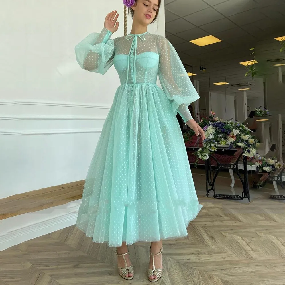 

Vestido De Noiva Dotted Tulle Prom Dresses O-Neck Long Puff Sleeves Illusion A-Line Buttoned Top Tea-Length Evening Party Gown