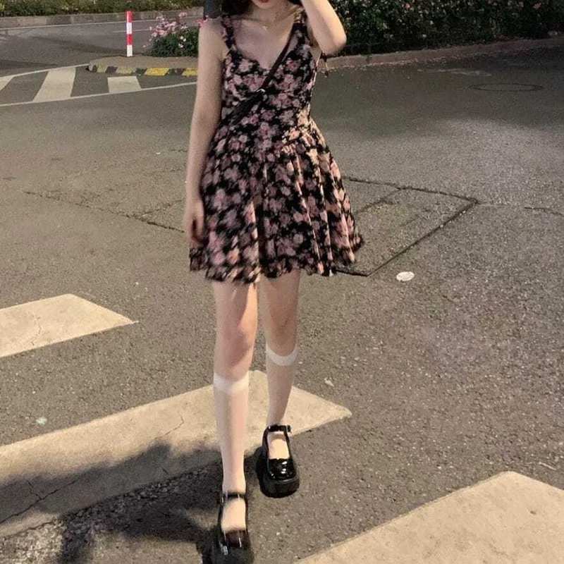 Sleeveless Dresses Women Retro Fit Floral Summer Casual Mini Slim High Street Vestidos Female Cute Ladies Ulzzang Daily Bow New