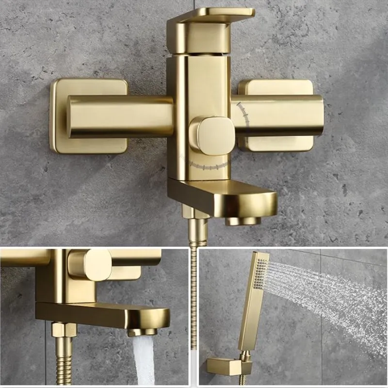 Shower faucet set Brush Gold wall mounted shower faucet suit  brass water mixer brass support copper shower head