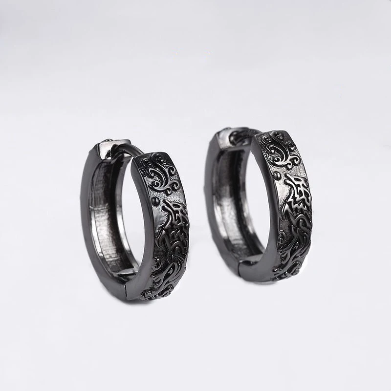 KOFSAC Vintage Black Proud Wolf Men Hoops Jewelry 925 Sterling Silver Earrings For Women Hip-Hop Party Personality Accessories