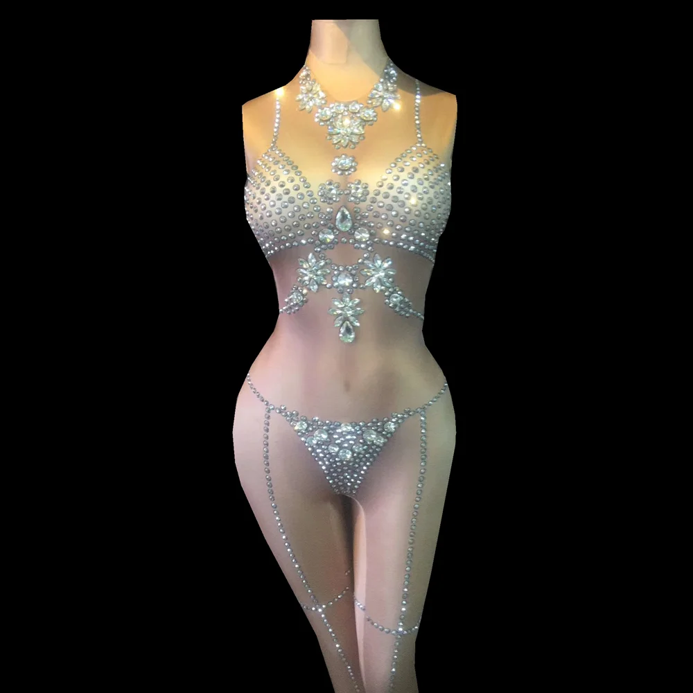 

Sexy Stretch Nude Rhinestone Jumpsuit Women Sleeveless Crystal Party Bodysuit Nightclub DJ DS Dancer Leotard Performance Wear