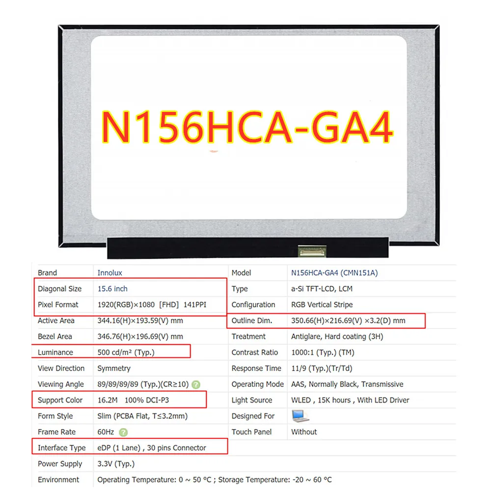 N156HCA-GA4 or N156HCA-GA3 N156HCE-GN1 Matrix LCD Screen 15.6inch FHD 1920X1080 IPS Laptop LCD screen