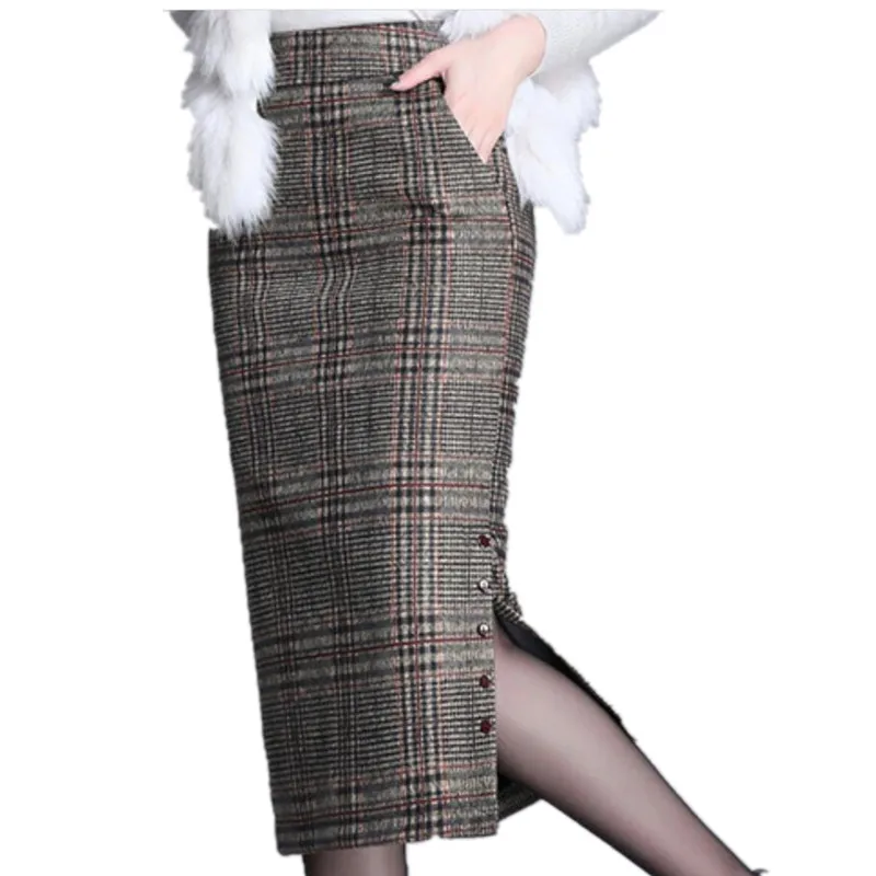 

Winter plaid woolen skirt women high waist packag hip split office lady pencil skirt