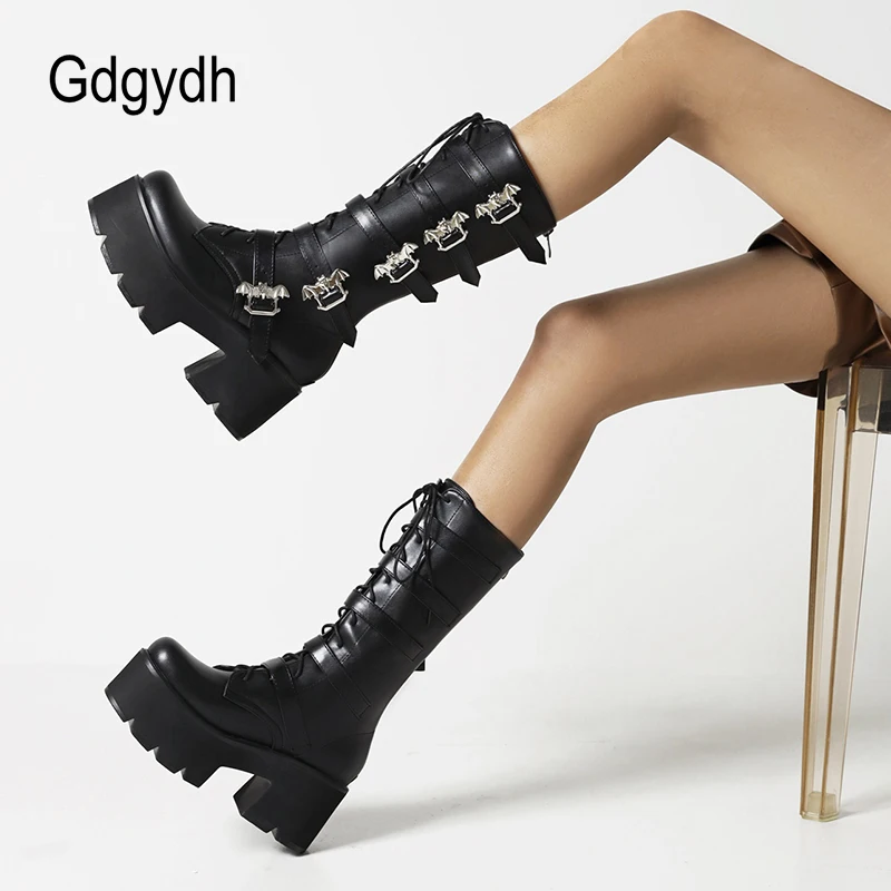 Gdgydh Bat Decoration Gothic Boots Women Patent Leather Mid Calf Boots For Women Belt Buckle Combat Motorcycle Boots Darkness