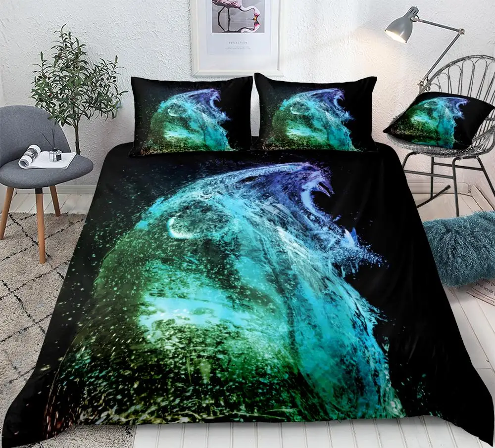 3PCS Lion Duvet Cover Set Water Splash Bedding Abstract Animal Quilt Cover King Home Textiles Black Cool Boys Teens Dropship