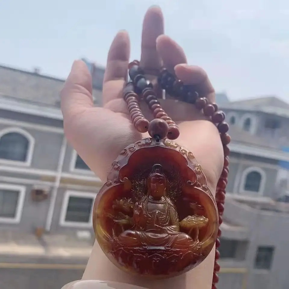 New Walking Perfume Ambergris Grey Amber Guanyin Pendant Necklace with Round Bead Neck Chain Amulet  Lifelike Jewelry