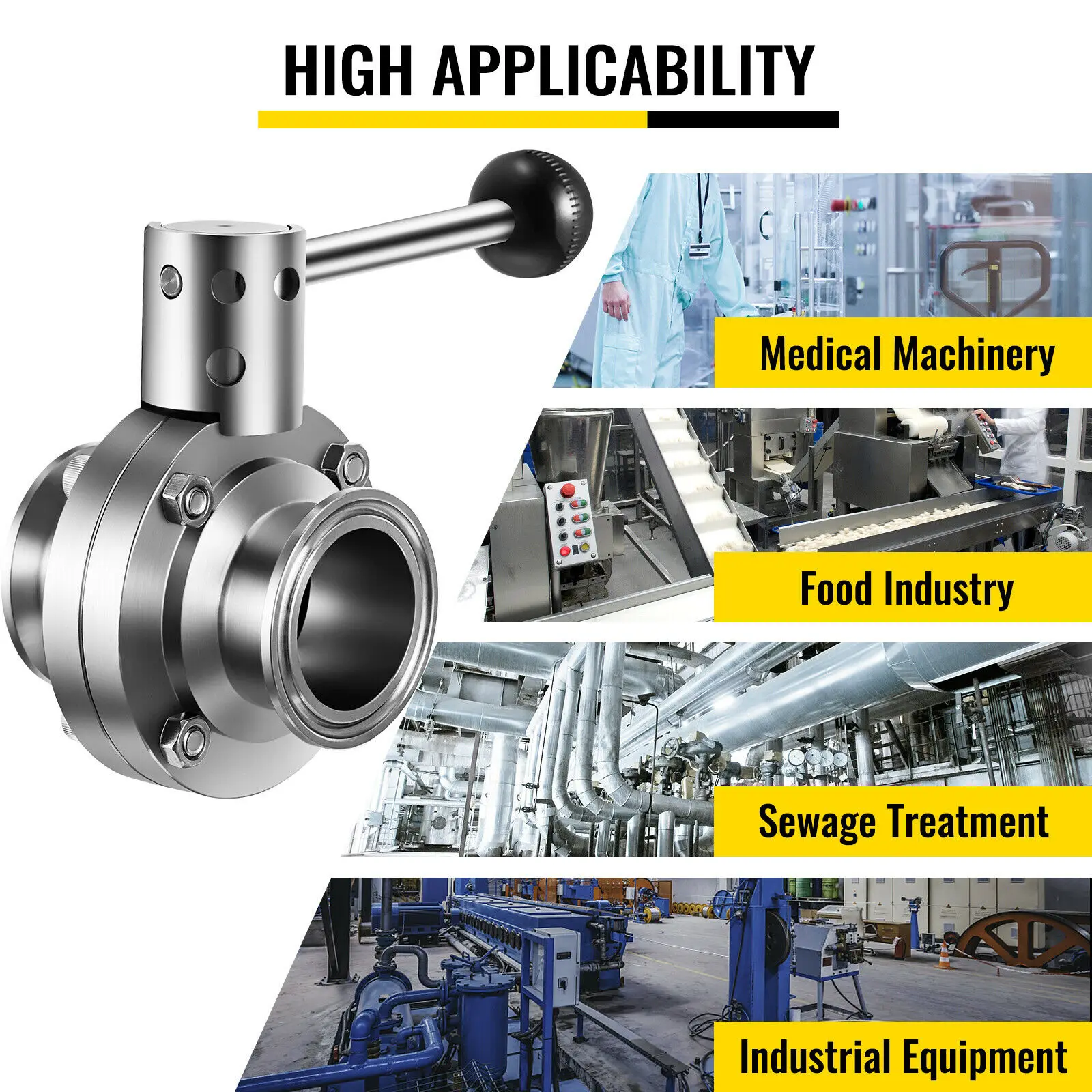 VEVOR Vệ Sinh Bướm Van Thích Nghi Với Độ Cứng Cao Kẹp Đường Kính Ngoài Cho Thép Không Gỉ Hệ Thống Đường Ống Trong Nhiều Ngành Công Nghiệp