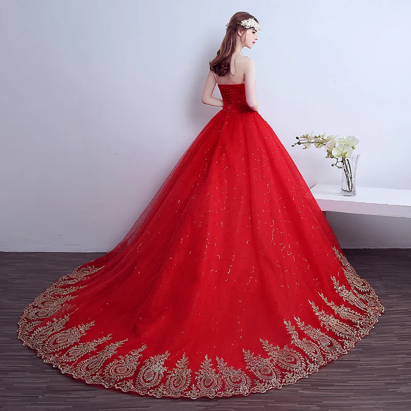 AnXin SH princess red lace court train luxury golden lace strapless sleeveless turkey bride red customized wedding dress