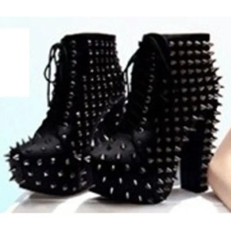 Punk Spiky Rivets Ankle Boots Platform Square High Heels Ladies Stage Spikes Cover Short Bottines Women Spring Autume Party Shoe